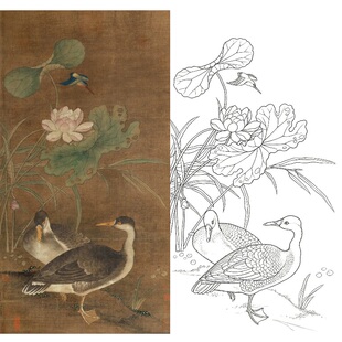 工笔画底稿 宋陶裔荷塘双雁图竖幅白描229#打印稿宣纸稿