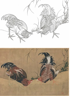 工笔画底稿日本江户时代葛饰北斋斗鸡图参考白描292#打印稿