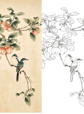花鸟苹果白描宣纸稿本拷贝工笔画