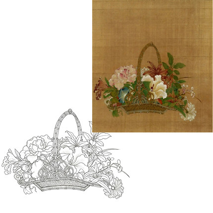 工笔画底稿元钱选花篮图•秋斗方参考白描282#打印稿