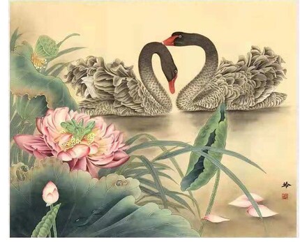 工笔画底稿 黑天鹅斗方白描打印稿宣纸稿学习临摹