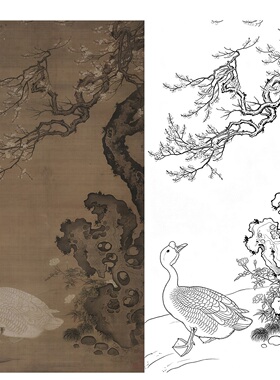 工笔画底稿花鸟明吕纪狮头鹅图竖幅白描177#打印稿宣纸稿