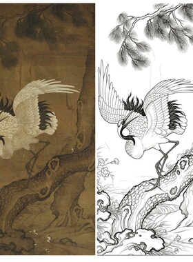 工笔画底稿花鸟宋 佚名松鹤图立轴竖幅参考白描242#打印稿宣纸稿