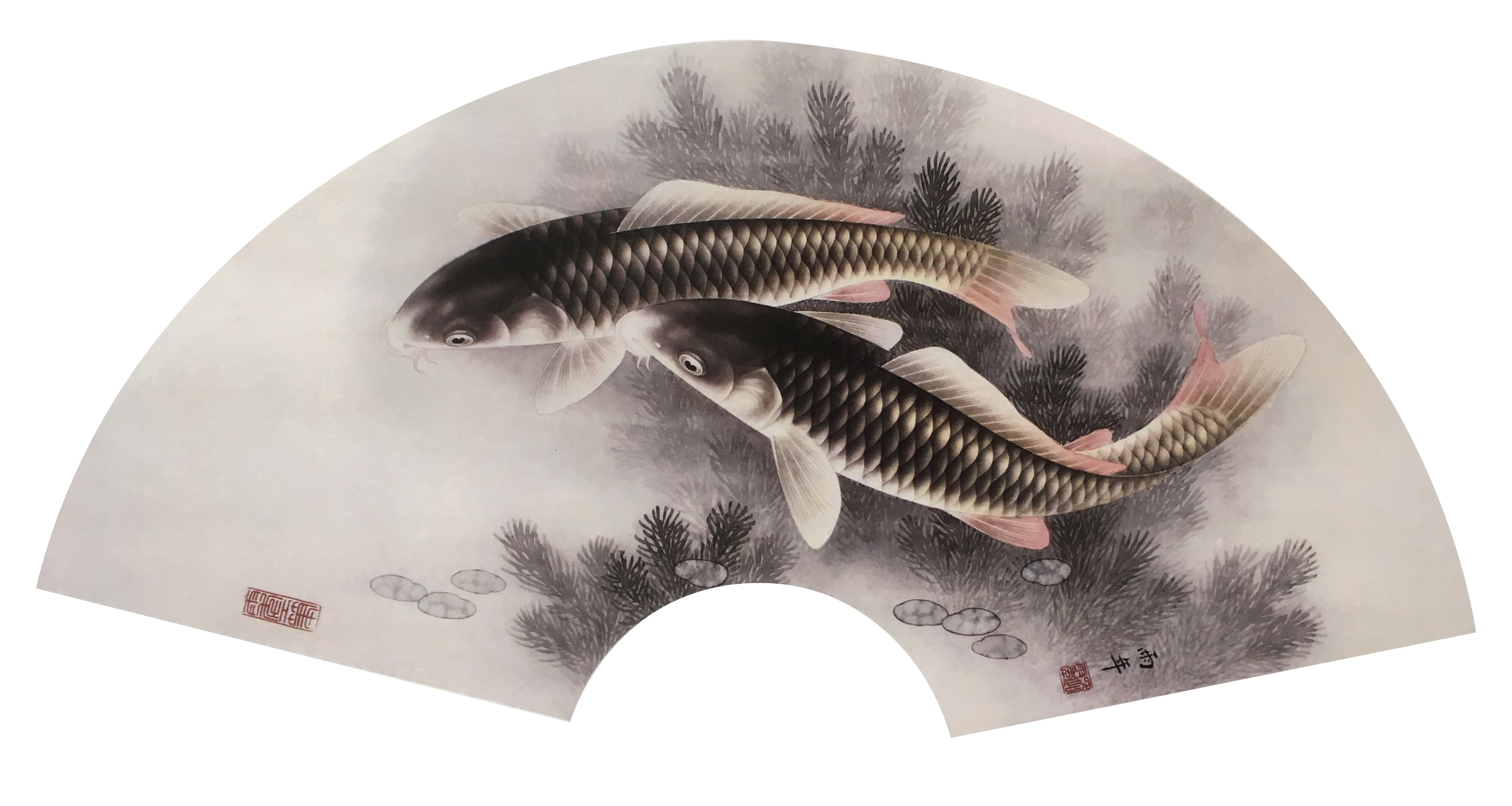 工笔画底稿 路雨年工笔鲤鱼扇面 白描10#打印稿毛笔勾线宣纸稿