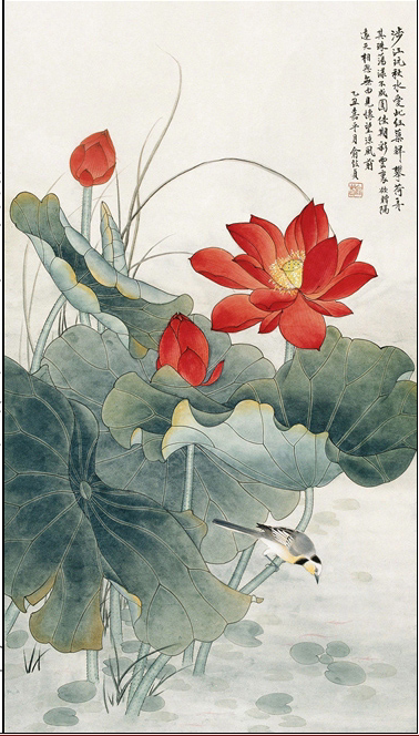 工笔画底稿 俞致贞 4尺工笔荷花小鸟竖副 白描 打印稿