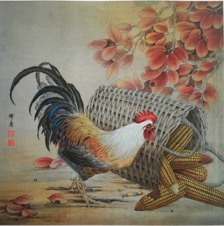 工笔画底稿孙锡之工笔公鸡玉米斗方白描28#打印稿毛笔勾线宣纸稿