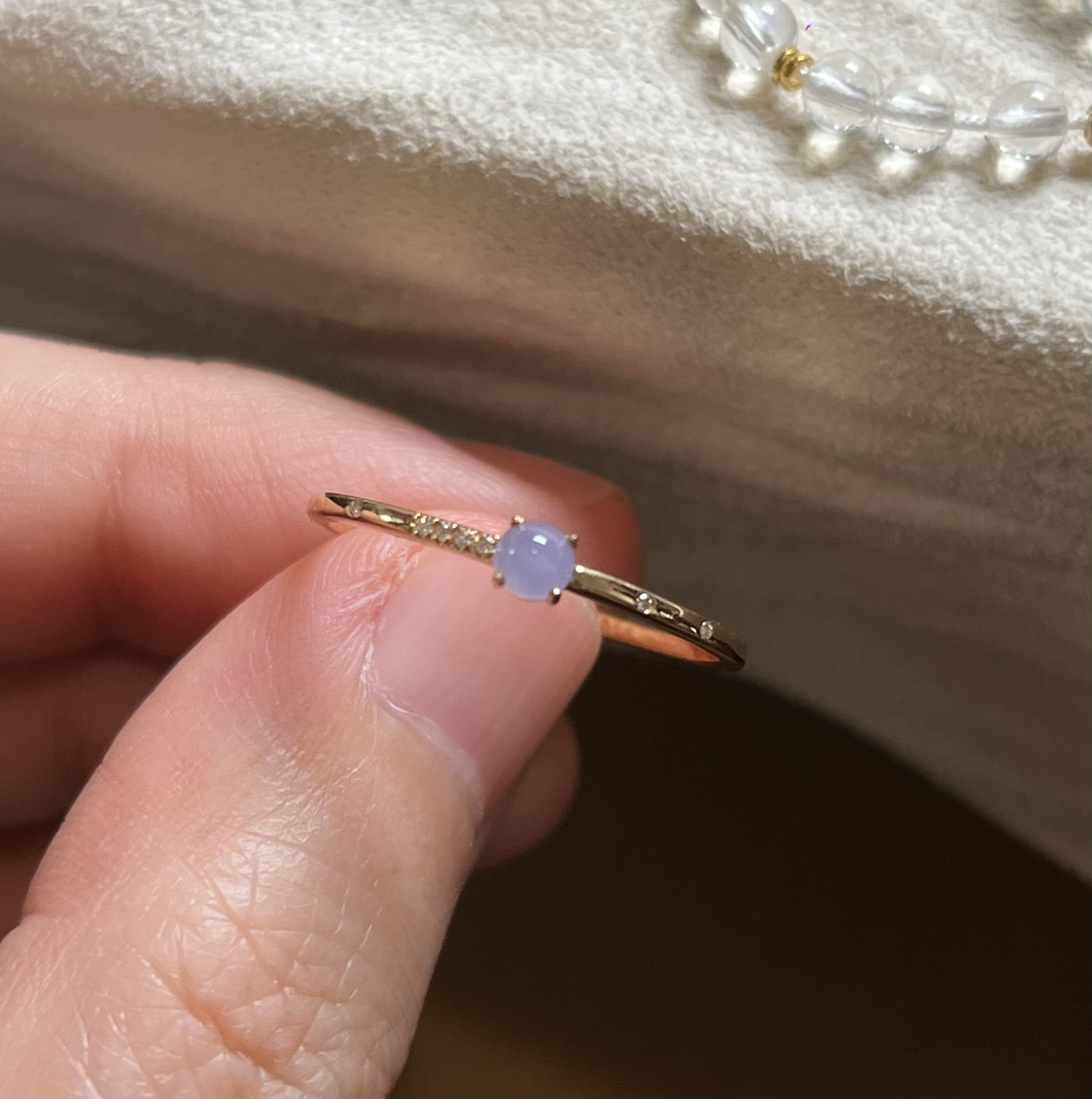 【赏】木易日辰 天然翡翠A货冰紫正圆蛋面18k钻石戒指