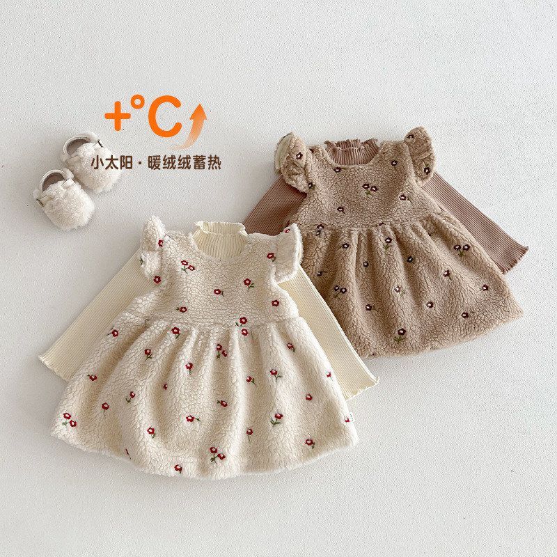 新款连衣裙绣花儿童2025冬季韩版女童甜美加绒飞袖宝宝裙子公主裙