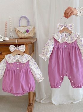 包屁衣25甜美衣服小爬秋季服套婴儿无袖花上衣紫色娃娃领韩版女宝