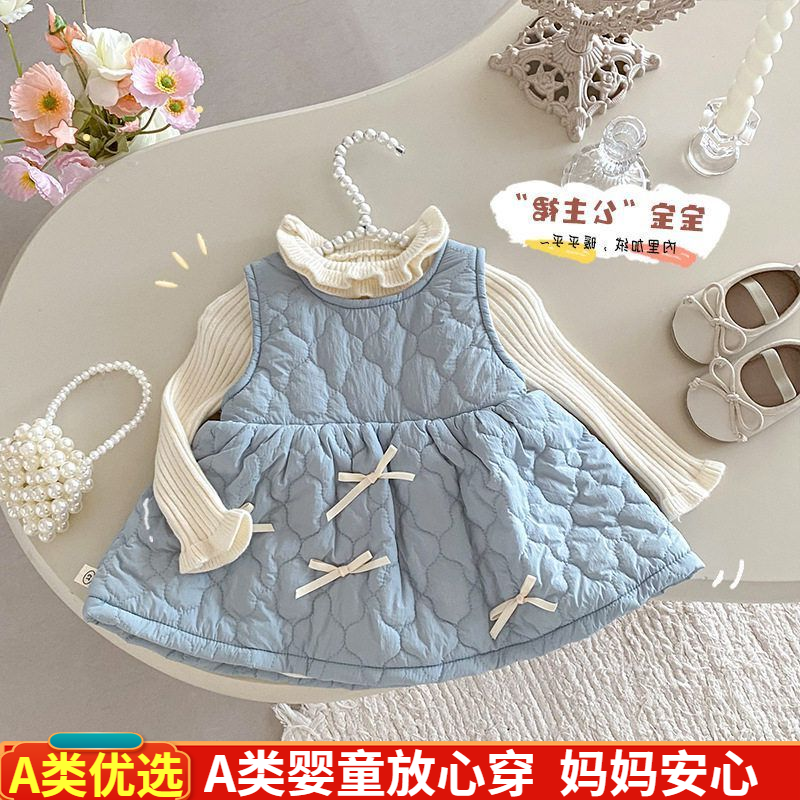 女宝宝0洋气加绒裙子5女童AQ冬季夹棉背心裙连衣裙-086纯色岁儿童
