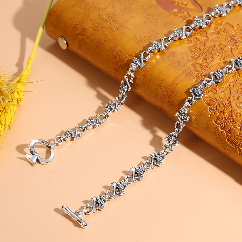 S925纯银个性潮牌骷髅头项链做旧银饰品时尚男士项链锁骨链小众女