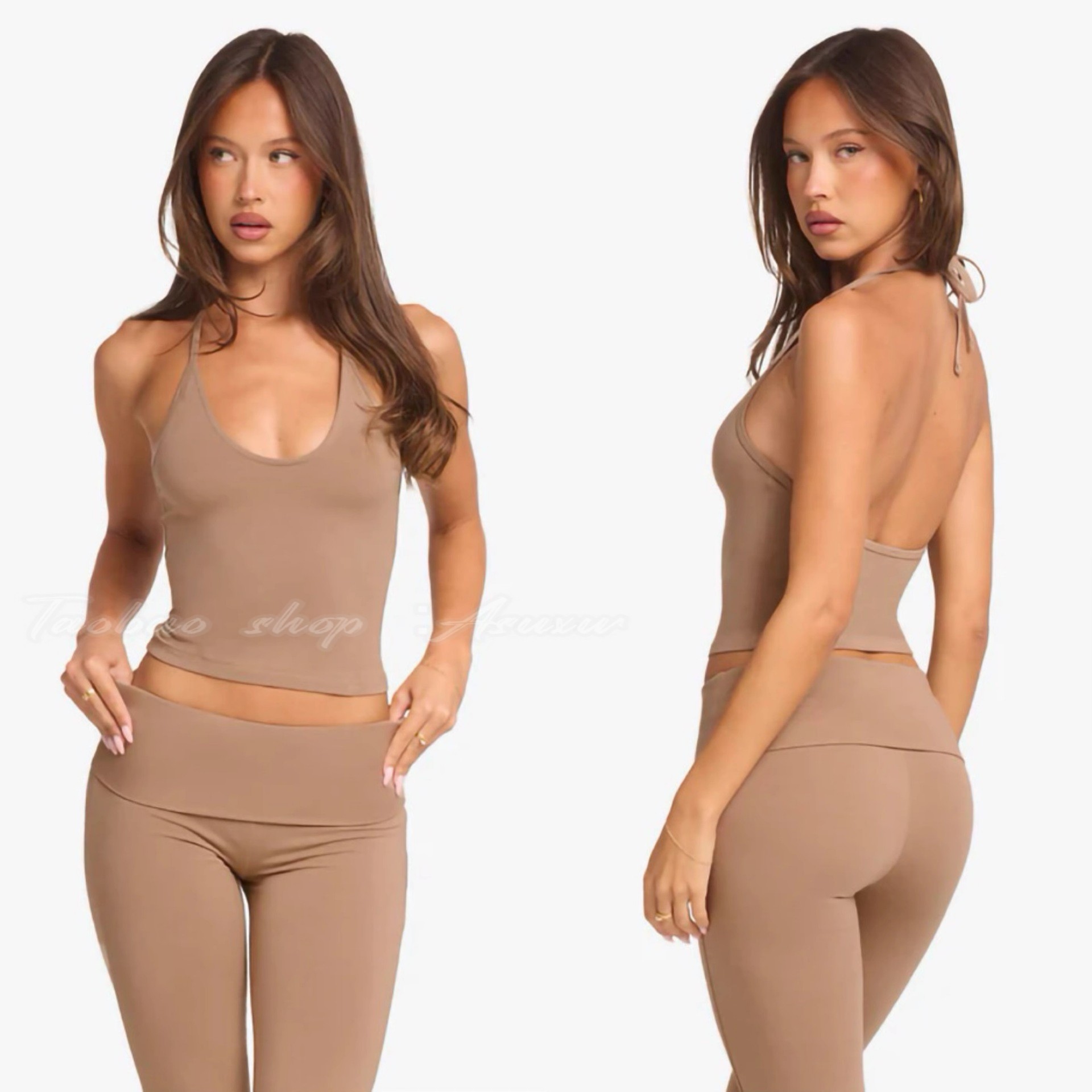 Asuxw 新款超轻薄瑜伽普拉提背心长裤套装运动挂脖吊带拖地微喇裤