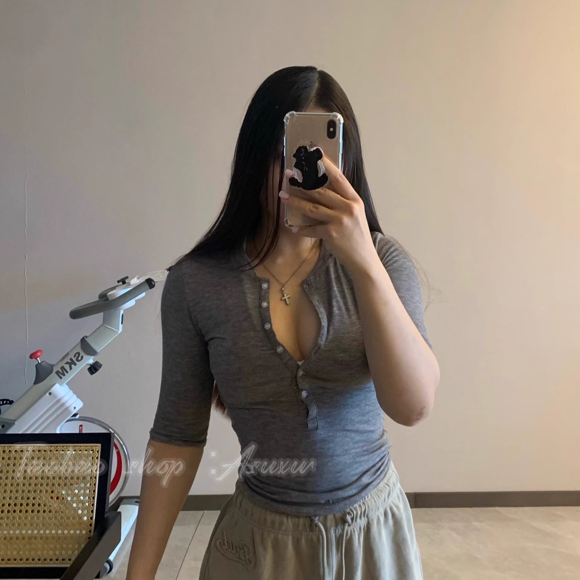 Asuxw美式辣妹收腰修身正肩五分袖半袖T恤女薄款超显身材短袖上衣