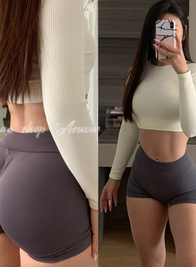 Asuxw 欧美蜜桃臀健身短裤女无缝高腰运动短裤紧身速干瑜伽三分裤
