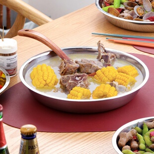 茶花不锈钢盘大圆盘子家用圆形托盘浅盘蒸盘铁菜盘碟子型装菜汤盘