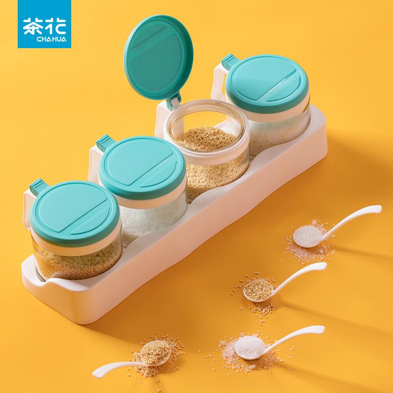 茶花调味罐调料盒调味瓶四件套装厨房用品创意欧式玻璃批发代发