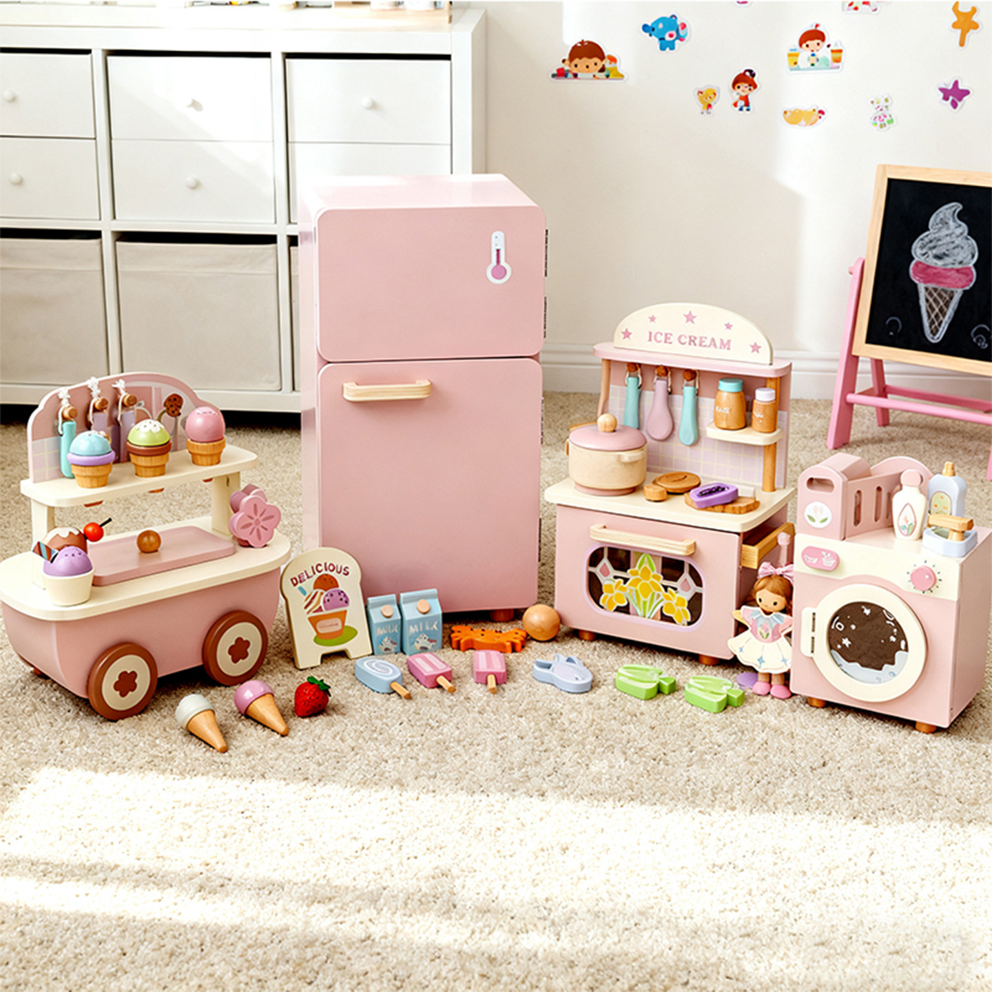儿童仿真白桃芝士厨房冰箱洗衣过家家切切乐模拟厨房做饭木制玩具