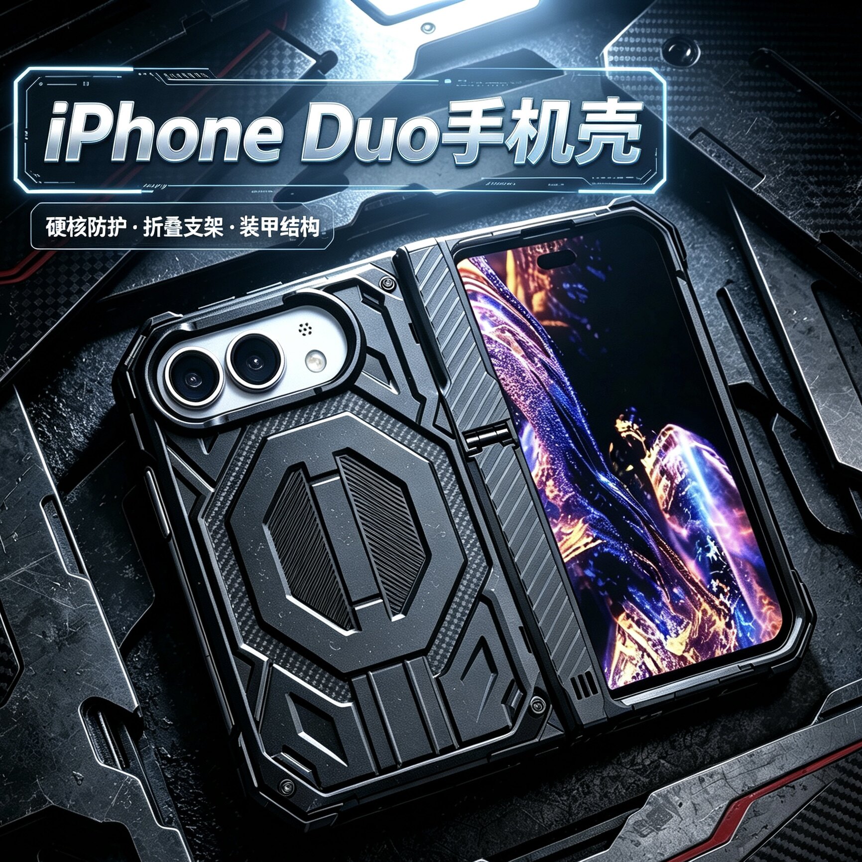适用iPhone Duo手机壳折叠屏前后全包边框防摔新款潮牌男女款duo带支架磁吸充电带挂绳苹果Duo散热三防保护套