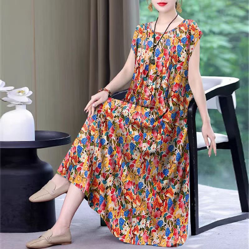 2025新款女士印花连衣裙夏季大码女装时尚宽松显瘦妈妈背心长裙女