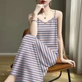 条纹印花百搭显瘦夏季 高档女吊带2025内搭V领无袖 宽松连衣裙遮肚