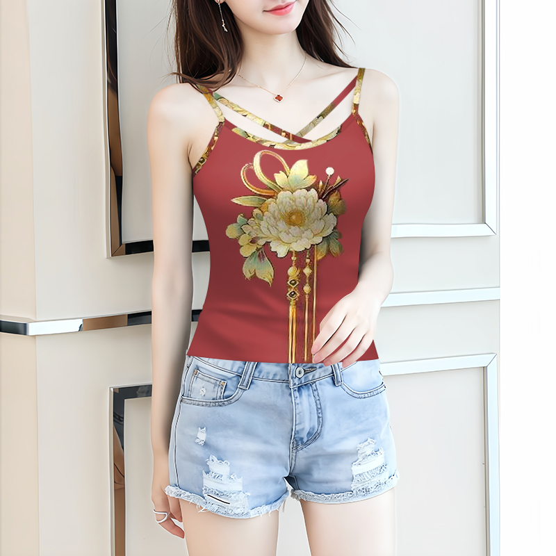 国风百搭无袖高档交叉女背心夏季打底衫新款内搭外穿印花遮肚吊带