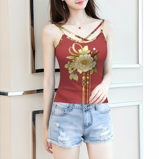 国风百搭无袖高档交叉女背心夏季打底衫新款内搭外穿印花遮肚吊带