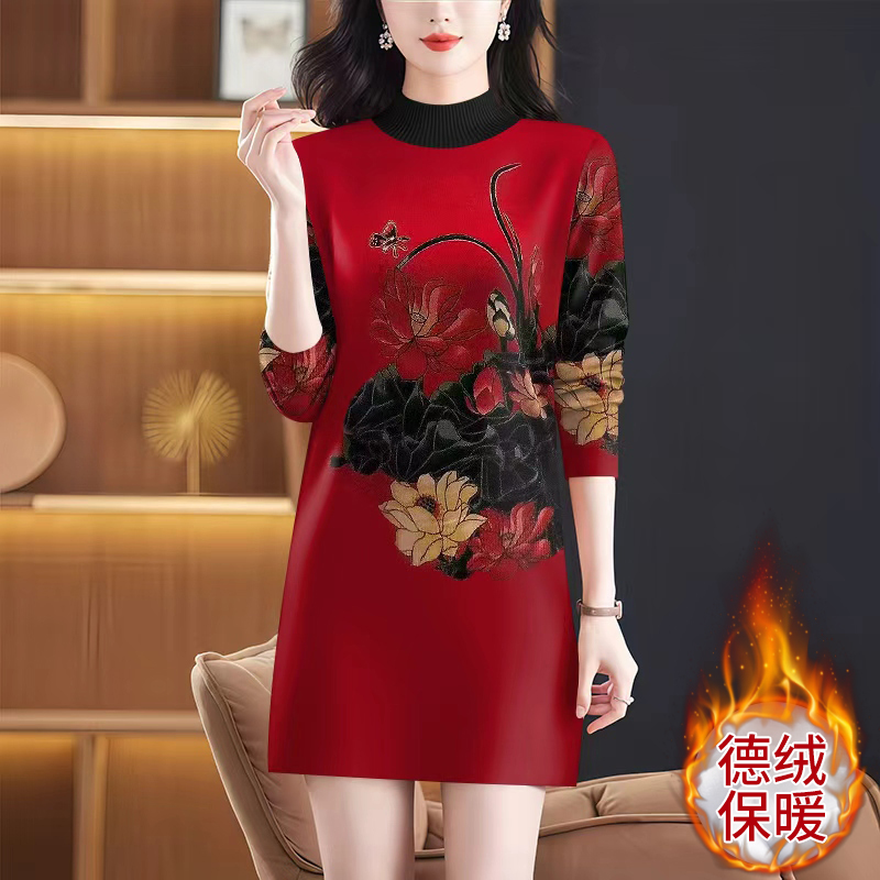 高档德绒女秋冬新款洋气半高领连衣裙配大衣中长款内搭打底连衣裙