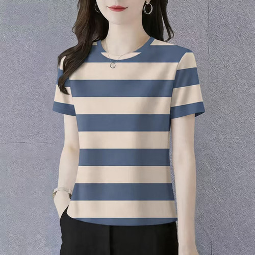 捡漏韩版高档2026新款减龄遮肚显条纹短袖妈妈打底女潮上衣