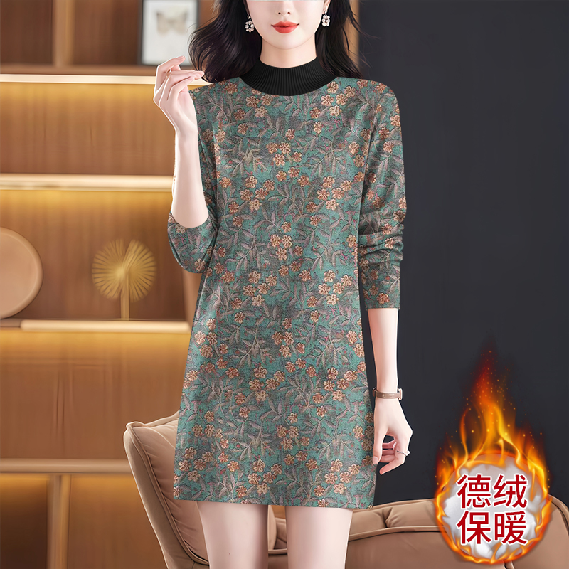 高档德绒女秋冬新款洋气半高领连衣裙配大衣中长款内搭打底连衣裙