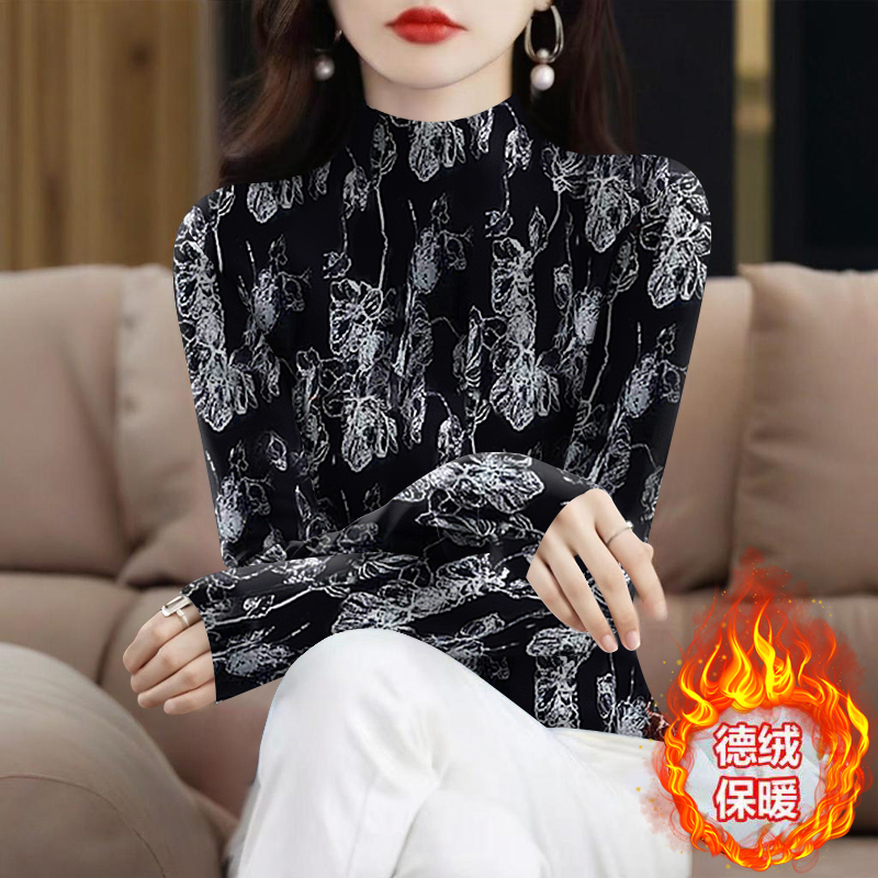 德绒保暖印花T恤女秋冬新款气质妈妈装宽松大码半高领套头打底衫