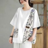 百搭宽松显瘦上衣女大码 2025夏季 印花韩版 时尚 圆领短袖 口袋t恤衫