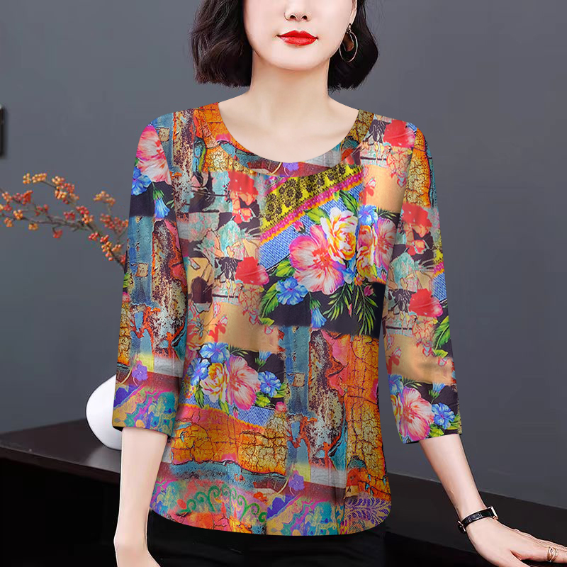 气质圆领打底衫女装秋季新款洋气印花褶皱七分袖t恤修身内搭上衣