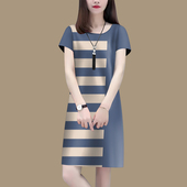 条纹时尚 连衣裙印花韩版 百搭宽松显瘦拼接中长裙 圆领短袖 2025夏季