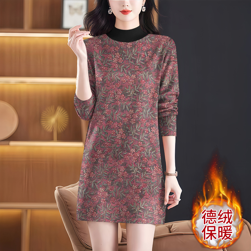 高档德绒女秋冬新款洋气半高领连衣裙配大衣中长款内搭打底连衣裙