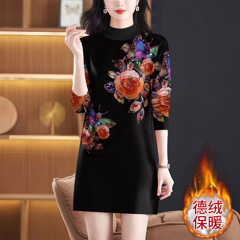 高档德绒女秋冬新款洋气半高领连衣裙配大衣中长款内搭打底连衣裙