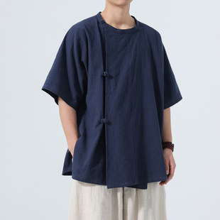 唐制汉服男棉麻中国风大码唐风唐圆领衫改良日常通勤唐朝半臂短衫