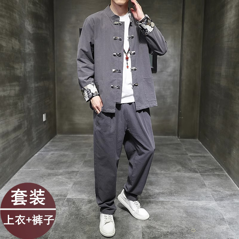 中国风男装棉麻居士汉服禅意唐装禅修套装修行道服佛系道士服禅服