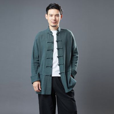 中国风男装上衣中式唐装外套盘扣古装汉服道士服装道服粗麻布衣服