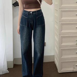 复古牛仔裤女直筒高腰宽松显瘦梨型身材阔腿裤子