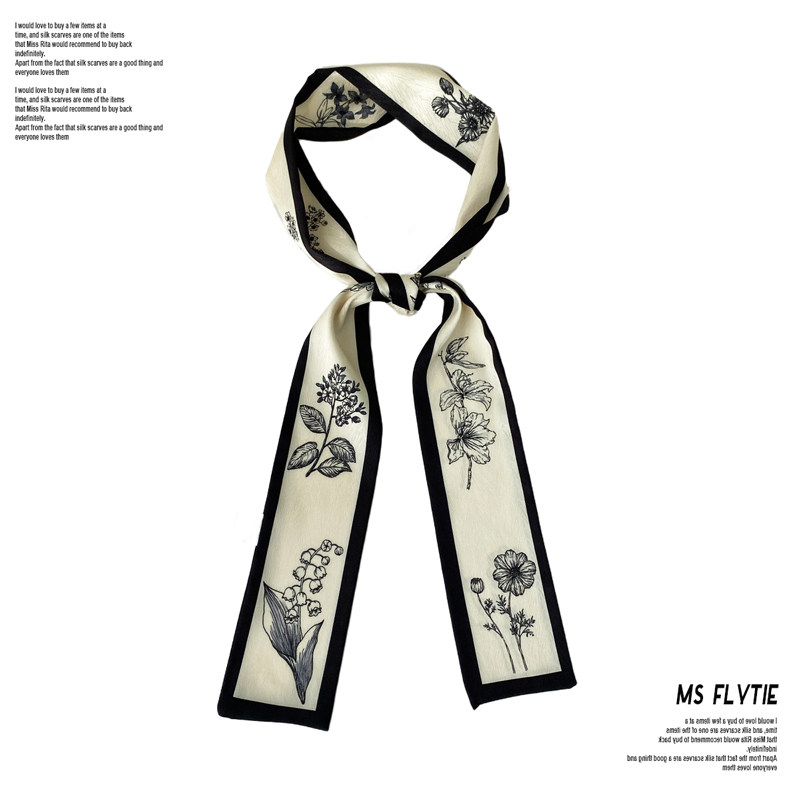 ms flytie素描花卉系列 春秋窄长条丝巾飘带多功能绑包包发带夏季