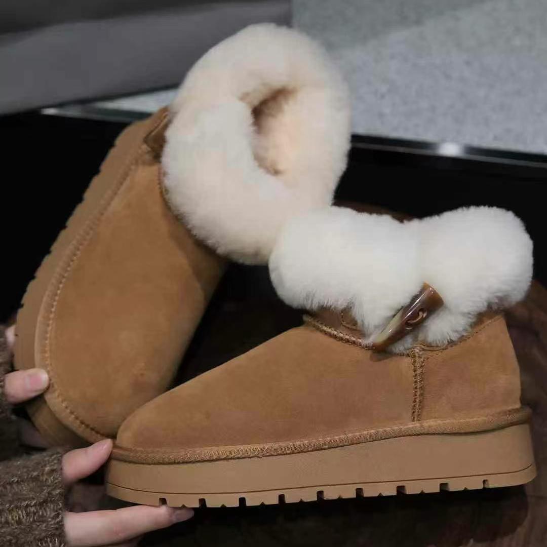 真牛皮断码清仓雪地靴女36码新款牛角扣加绒加厚保暖鞋毛毛棉鞋女