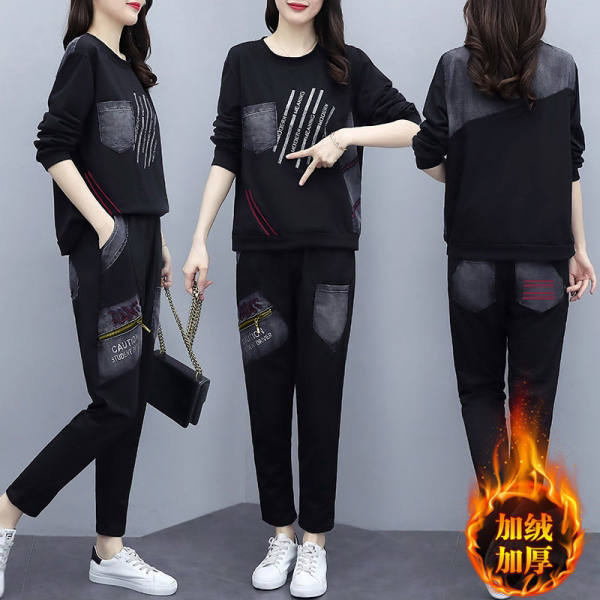 卫衣套装女新款大码胖mm秋冬欧货加绒加厚洋气时尚气质休闲两件套