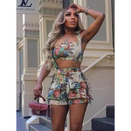 Vintage Floral Women's Short Set Strapless Sleeveless Crop T