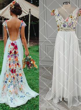 Deep Customized Colorful 3D Flowers Wedding Dress Cap Sleeve