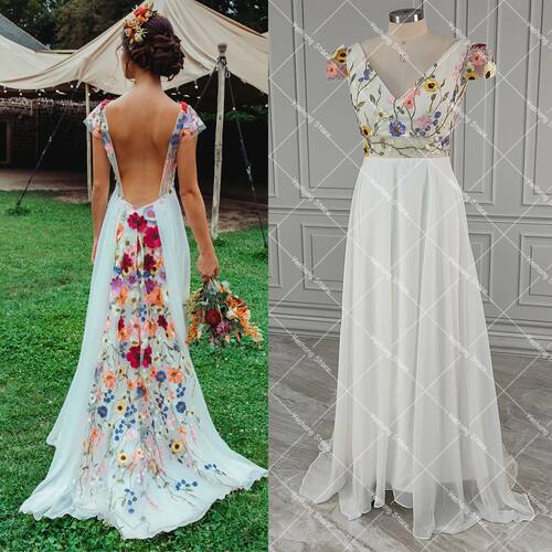 Deep Customized Colorful 3D Flowers Wedding Dress Cap Sleeve