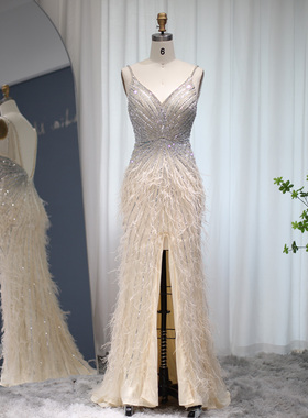 Luxury Beaded Mermaid Feathers Prom Dresses 2022 Sexy Spaghe