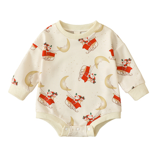 Sled Christmas Print Boys Moon Romper Girls Baby Santa Round