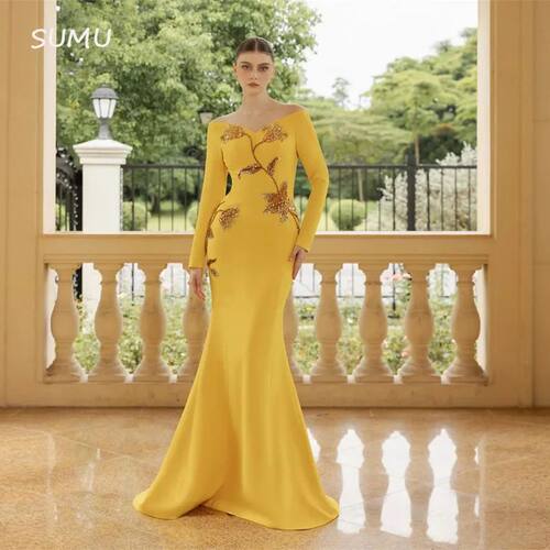 Customized Prom Dresses Gold Off Shoulder Jersey Flower Bead
