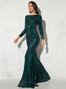 Modest Green Long Sleeve Mermaid Sequin Evening Gown Burgund
