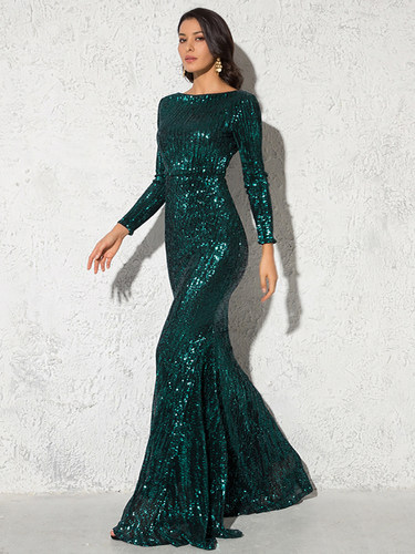 Modest Green Long Sleeve Mermaid Sequin Evening Gown Burgund